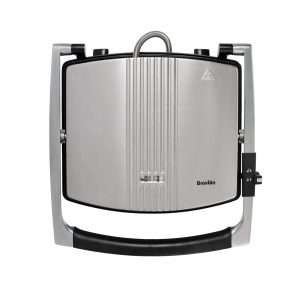 Bordsgrill med silverfinish och robust handtag, perfekt för inomhusgrillning.