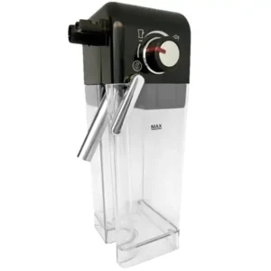 Mjölkskummare med svart lock och justerbar skumknapp i plastdesign.