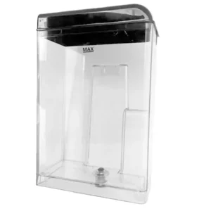 Genomskinlig plastcontainer med svart lock för hushållsbruk.