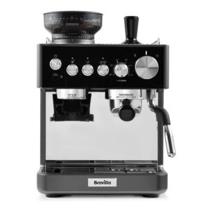 Espressomaskin med integrerad kaffekvarn och moderna kontroller.