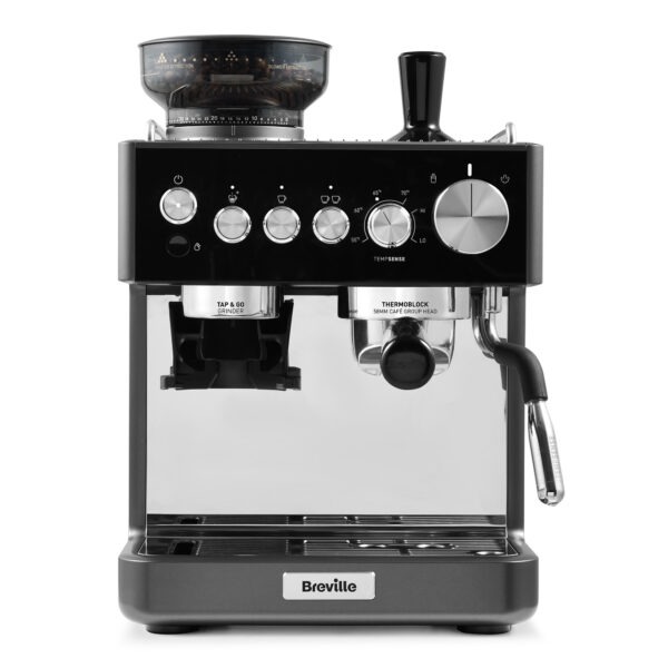Espressomaskin med integrerad kaffekvarn och moderna kontroller.
