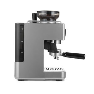 Modern espressomaskin i rostfritt stål från sidan.