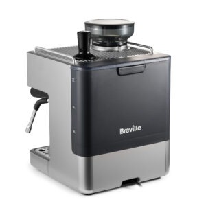 Espressomaskin med modern design och grå finish.