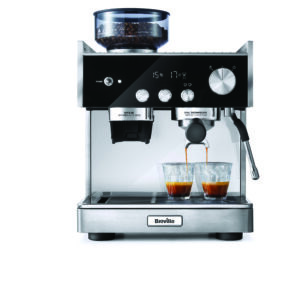 Espressomaskin med kaffekvarn och dubbel espresso-uttag.